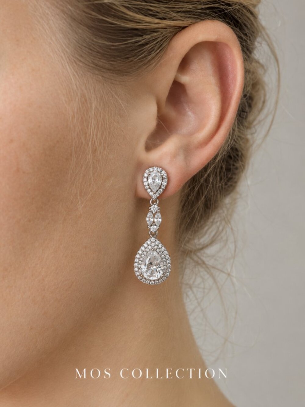 MOS COLLECTION Teardrop CZ Halo Bridal Drop Earrings